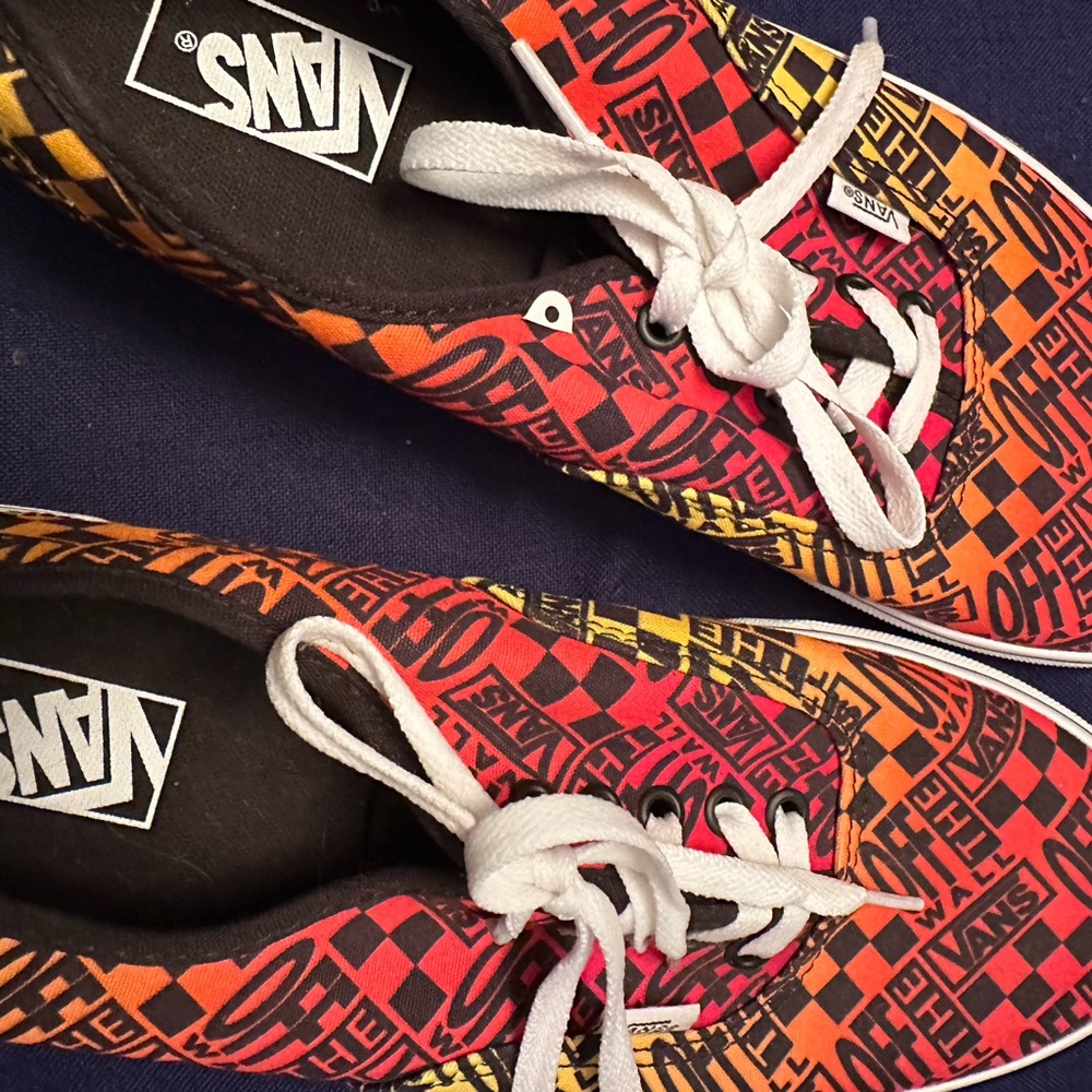 Vans lace up classic sneakers in red,black,orange with print.Like new condition.